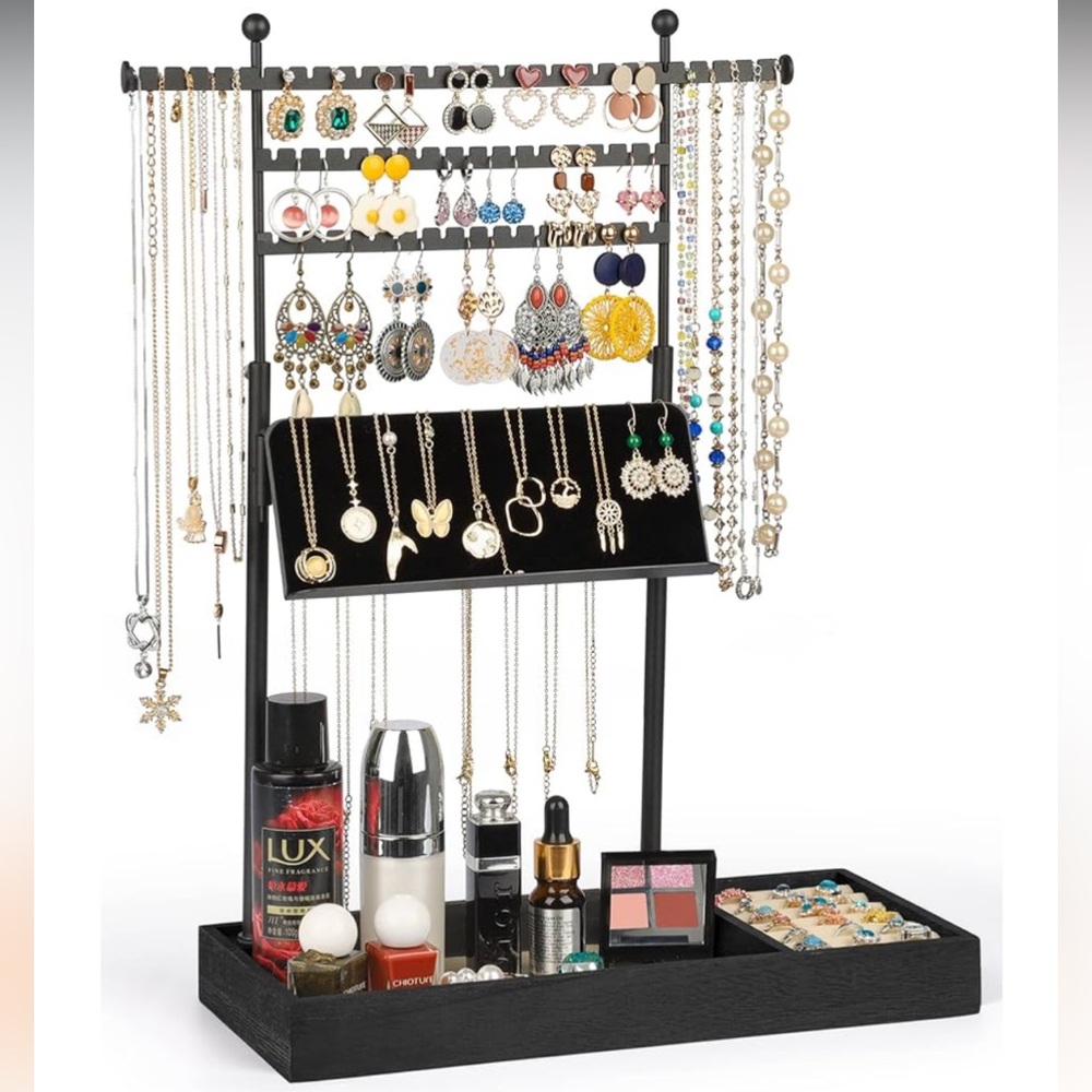 Jewelry stand Necklace Display 3 Tier Earring Organizer Wood Base Tray Ring